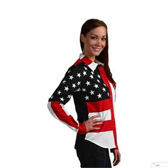 Scully American Flag Patriotic Embroidered Stars Button Down Long Sleeve Top - Picture 3 of 8